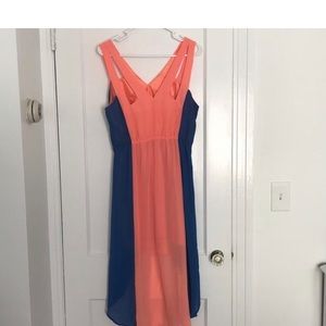 High low blue and peach chiffon dress
